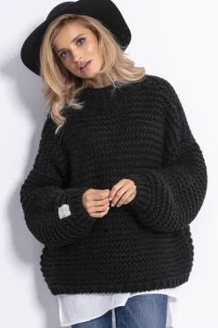 Swetry Na Jesień I Zimę | Ciepłe Swetry>Fobya Sweter CHUNKY KNIT luźny w prążek F790 czarny