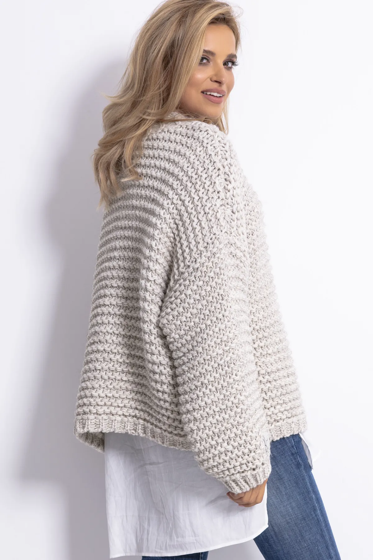 Swetry Na Jesień I Zimę | Ciepłe Swetry>Fobya Sweter CHUNKY KNIT luźny w prążek F790 beż melanż