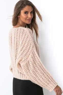 Swetry Oversize | Swetry Eleganckie>Fobya Sweter ovesize z dekoltem w serek F1492 nude
