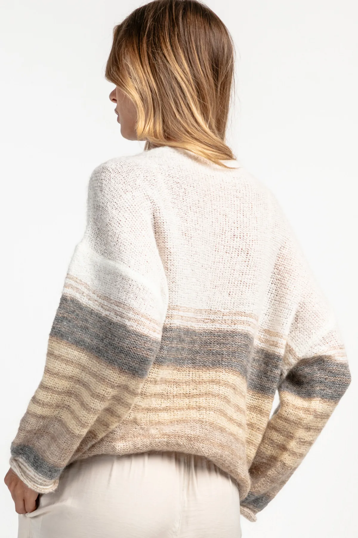 Swetry Oversize | Swetry We Wzór>Fobya Sweter z wełny w paski F1897 ecru