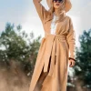 Kardigany Eleganckie | Kardigany Klasyczne>Fobya Wełniany długi kardigan z paskiem F1116 carmel