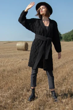 Kardigany Na Jesień I Zimę | Kardigany Z Paskiem>Fobya Wełniany kardigan o grubym splocie Chunky Knit F1480 czarny
