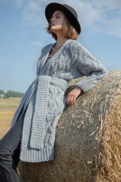 Kardigany Na Jesień I Zimę | Kardigany Z Paskiem>Fobya Wełniany kardigan o grubym splocie Chunky Knit F1480 szary