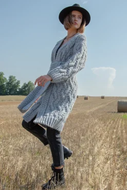Kardigany Na Jesień I Zimę | Kardigany Z Paskiem>Fobya Wełniany kardigan o grubym splocie Chunky Knit F1480 szary