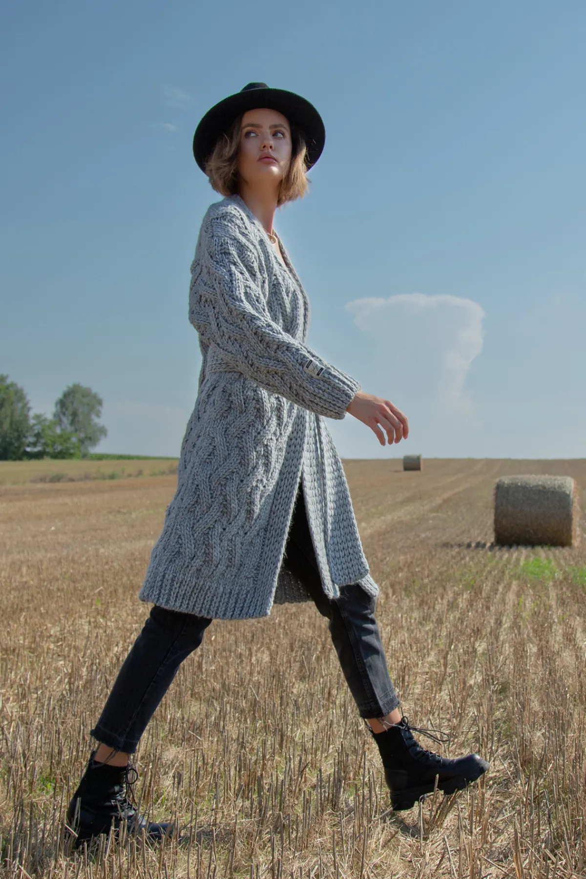 Kardigany Na Jesień I Zimę | Kardigany Z Paskiem>Fobya Wełniany kardigan o grubym splocie Chunky Knit F1480 szary