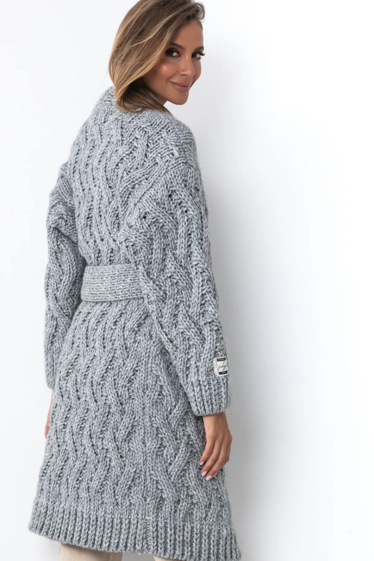 Kardigany Na Jesień I Zimę | Kardigany Z Paskiem>Fobya Wełniany kardigan o grubym splocie Chunky Knit F1480 szary