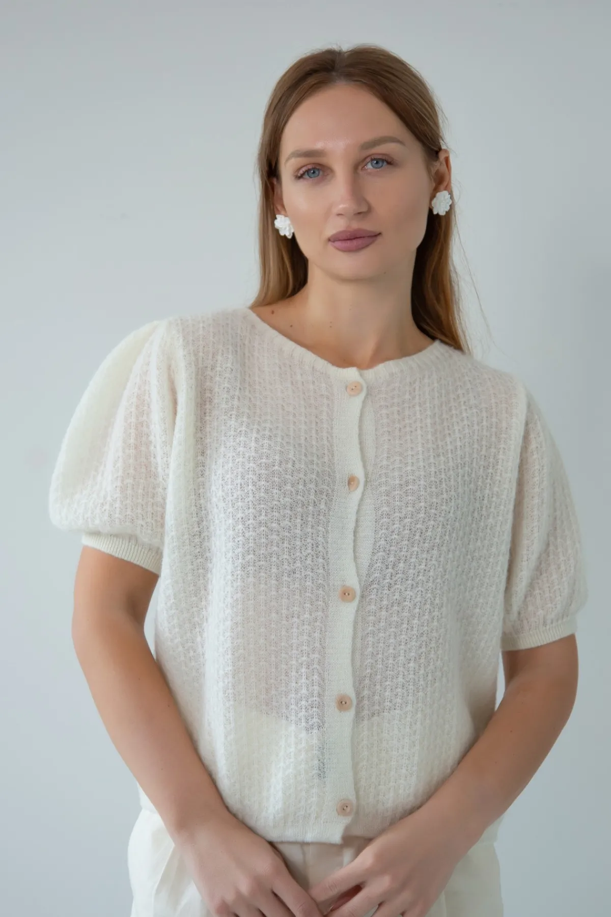 Kardigany Eleganckie | Kardigany Klasyczne>Fobya Zapinany sweter z wełny baby alpaka i wełny virgin F2025 ecru